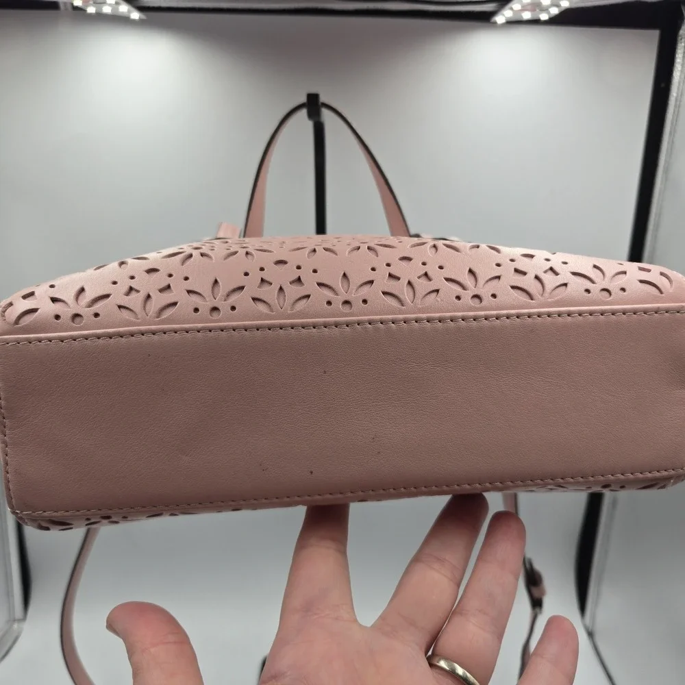 Pink Coach Taylor Eyelet Bette Leather Mini Tote Purse Laser Cut Floral Satin